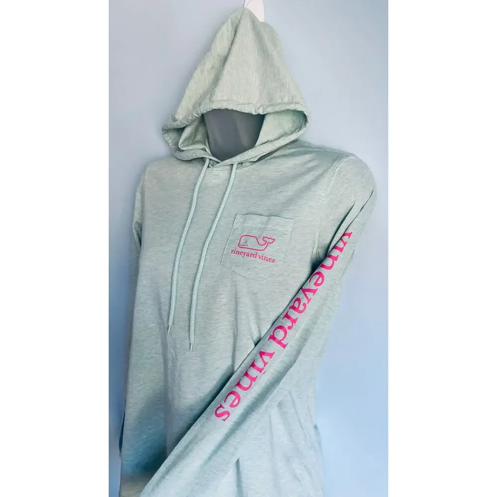 Vineyard Vines Logo Hooded Long Sleeve Tee Sz XS Green and Pink